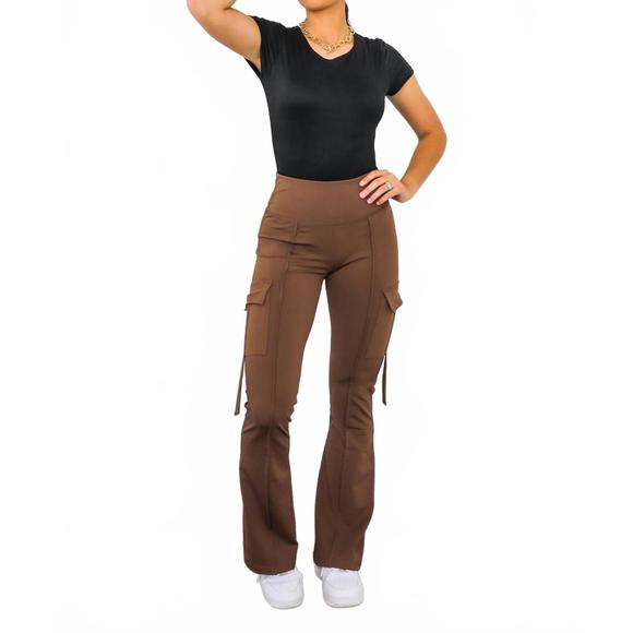 NEW SURELYMINE high waisted cargo flare pants in brown - Picture 1 of 5